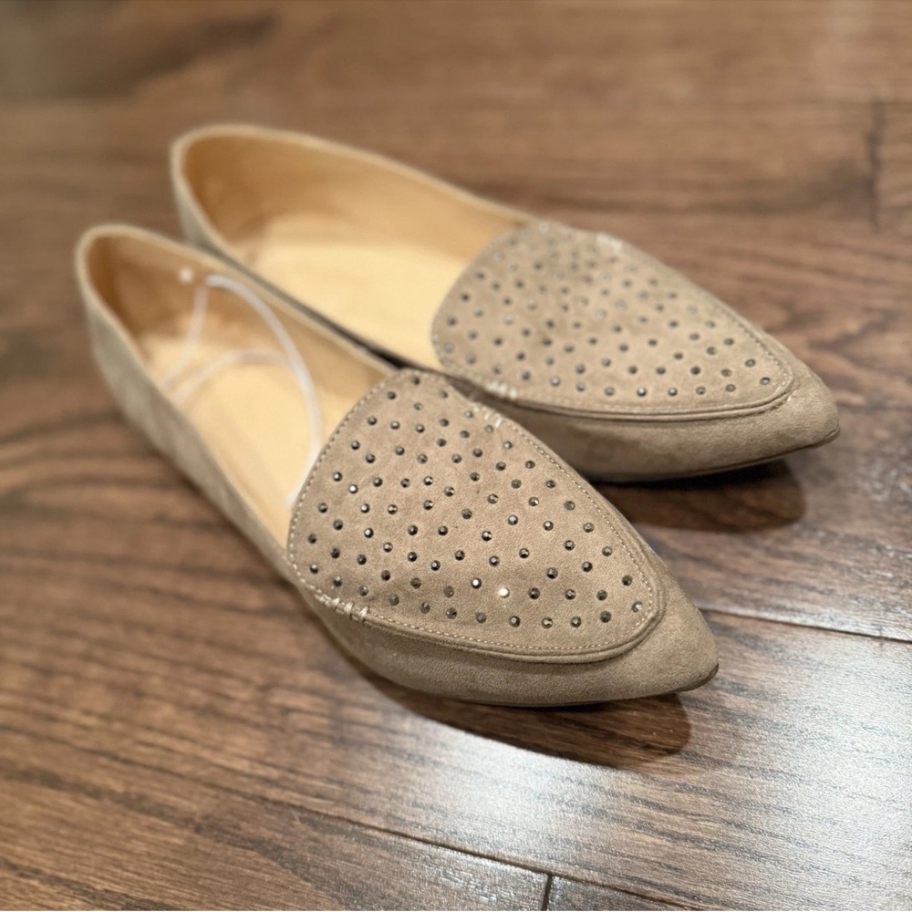 Attention Women's Taupe Faux Suede w/ Crystals Pointed Toe Loafer Slip-On Shoes